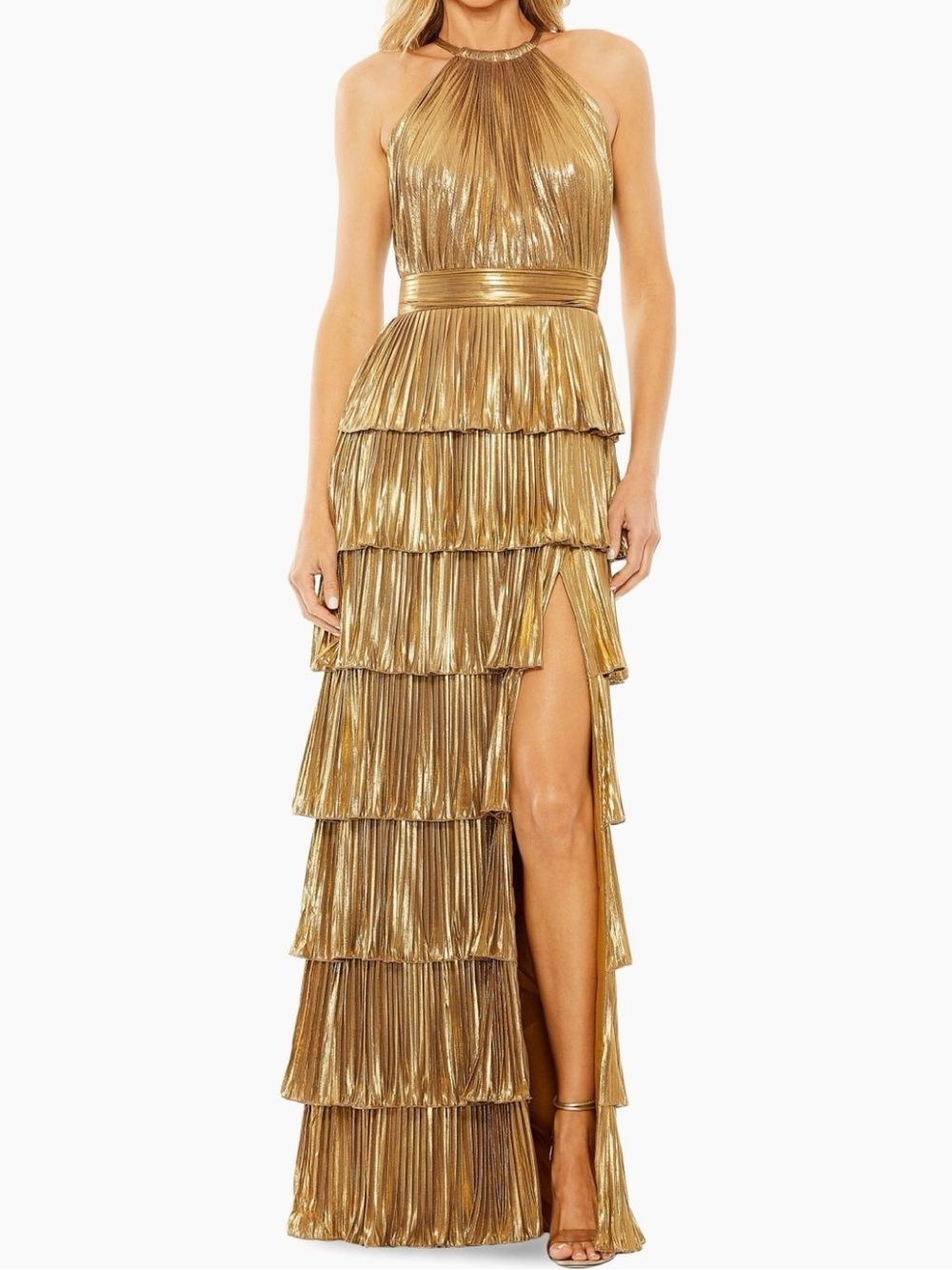 Mac Duggal Metallic Gold Halter Tiered Maxi Dress with High Slit